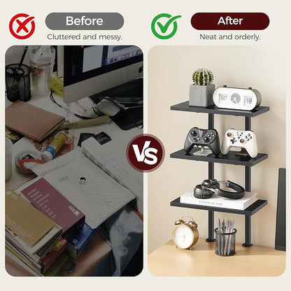 MAHANCRIS Clamp On Desk Organizer, 3-Tier Desktop Bookshelf, Adjustable Desk Storage Shelf, Metal Frame, for Office, Study and Game Room, Black DSBK3601