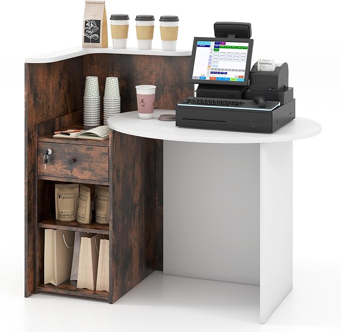 Giantex Reception Desk, Front Counter Desk with Lockable Drawer, Checkout Table with Round Tabletop, Corner Shelf & Adjustable Shelf for Office Beauty Salon Retail Store (Brown & White)
