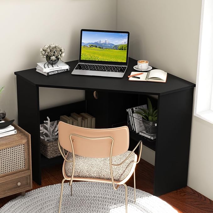 Corner Computer Desk with Shelves, 90° Triangle Wooden Study Writing Table Cable Management Holes, Space Saving Compact Study Workstation for Bedroom Living Room Office (Black)