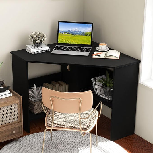 Corner Computer Desk with Shelves, 90° Triangle Wooden Study Writing Table Cable Management Holes, Space Saving Compact Study Workstation for Bedroom Living Room Office (Black)