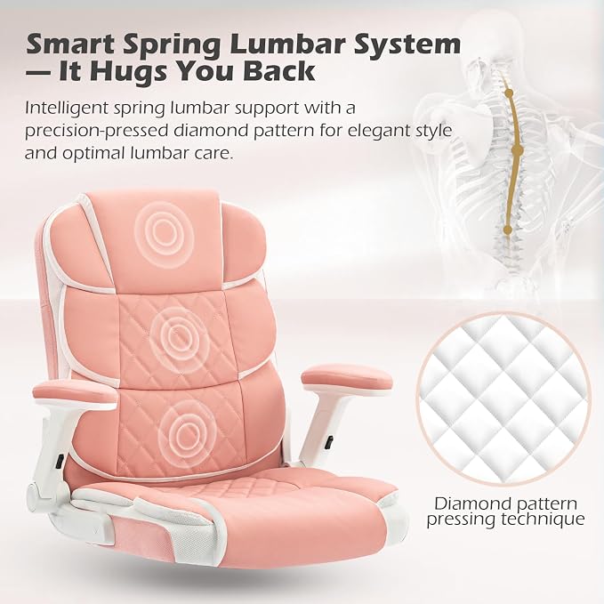 Pink Office Chair Ergonomic Desk Chair with Lumbar Support, Flip-Up Arms, Adjustable Swivel Computer Chair with Wheels, Comfortable PU Leather Cute Office Chair for Home Office Small Space