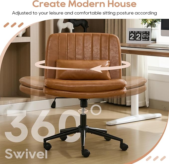 IPKIG Criss Cross Chair, Small Armless Desk Office Computer Chair with Wheels and Lumbar Pillow, Comfy Adjustable Swivel Task Vanity Chair Faux Leather, Brown