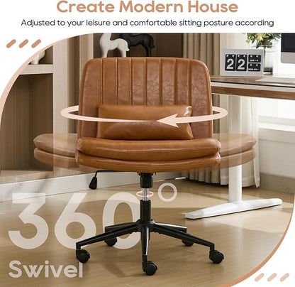 IPKIG Criss Cross Chair, Small Armless Desk Office Computer Chair with Wheels and Lumbar Pillow, Comfy Adjustable Swivel Task Vanity Chair Faux Leather, Brown