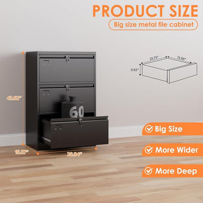 3 Drawer Lateral File Cabinet, Metal Lateral File Cabinets with Lock, Legal Size Steel Lateral Filing Cabinet for Office and Home