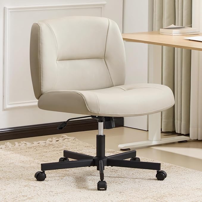 Furniliving Criss Cross Chair with Wheels, Wide Mid-Back Criss Cross Legged Chair Computer Desk Chair Height Adjustable Home Office Desk Chair for Bedroom Living Room, Office, Grey, PU