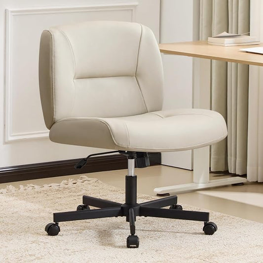 Furniliving Criss Cross Chair with Wheels, Wide Mid-Back Criss Cross Legged Chair Computer Desk Chair Height Adjustable Home Office Desk Chair for Bedroom Living Room, Office, Grey, PU
