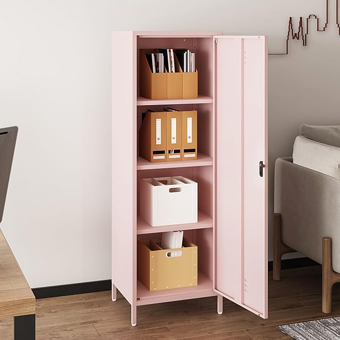 Steehoom Metal Storage Cabinet for Employees, Pink Locker, Lockable File Cabinet, Utility Tall Cabinet with 3 Shelves for Living Room, School, Office, Garage, Entryway (Pink, H59.06'')