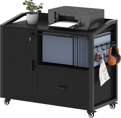 HSH File Cabinet with Wheels with Locks,Black Mobile Filing Cabinet for Legal/Letter Size, Wood Metal Printer Stand with Shelves, Wheels & Hanging File Folder for Home Office Desk, 33 in