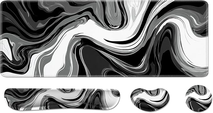 Desk Pad and Keyboard Wrist Rest, Large Mouse Pad + Keyboard Pad+Mouse Wrist Support, Non-Slip Desk Mat Protector for Office, Home 31.5×11.8 Inches Black & White Abstraction
