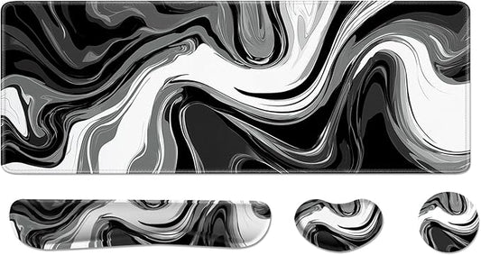 Desk Pad and Keyboard Wrist Rest, Large Mouse Pad + Keyboard Pad+Mouse Wrist Support, Non-Slip Desk Mat Protector for Office, Home 31.5×11.8 Inches Black & White Abstraction