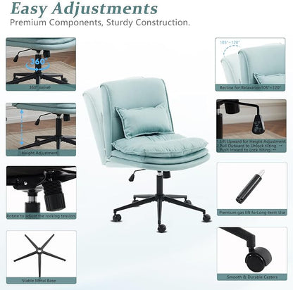 VINGLI Cloud Criss Cross Legged Chair,18" High Back Armless Home Office Desk Chair with Wheels,Wide Adjustable Comfy Padded Seat Task Computer Chair,Modern Swivel Makeup Vanity Chair,Microfiber,Blue