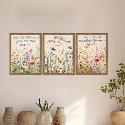 MLKZNOI 3Pcs Christian Floral Scripture Posters Wall Art, Wildflower Bible Verse Canvas Wall Decor, Psalm Religious Faith Art Pictures Prints for Living Room Bedroom Decorations 16x24in Unframed
