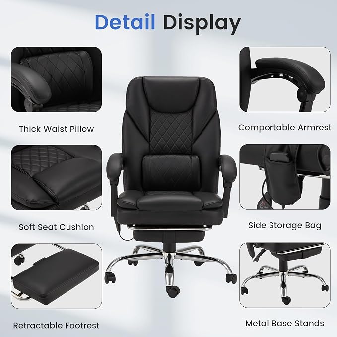 HOMREST 6-Point Massage Office Chair with Heat, 500lbs Big and Tall Executive Chair, Ergonomic Reclining Desk Chair with Footrest & Lumbar Support, Adjustable Armrest, PU Leather (Black)