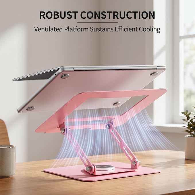 ALASHI Laptop Stand for Desk with 360° Rotating Base, Multi-Angle Adjustable Laptop Stands, Foldable Laptop Riser Compatible with 10 to 17 Inches PC Computer, Pink