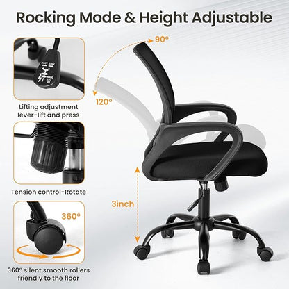 OLIXIS Office Desk Chair - Ergonomic Mid Back with Lumbar Support & Rocking Mode, Height Adjustable with Fixed Armrest, Storage Back for Computer, Gaming, Conference, Meeting, 360° Swivel, Black