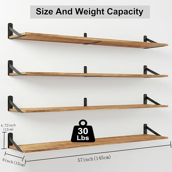 Long Wall Shelf,Large Floating Shelves for Wall,Wood Floating Bookshelves Hanging,Book Storage Display for Living Room Bedroom Office Bathroom Decor,4 Pack,57 Inch,Carbonized Black