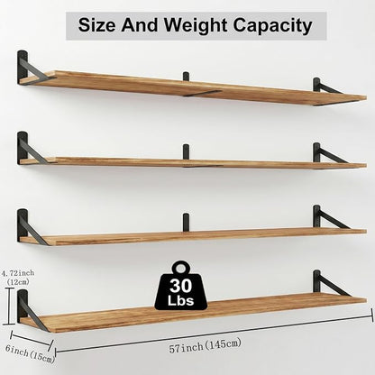 Long Wall Shelf,Large Floating Shelves for Wall,Wood Floating Bookshelves Hanging,Book Storage Display for Living Room Bedroom Office Bathroom Decor,4 Pack,57 Inch,Carbonized Black
