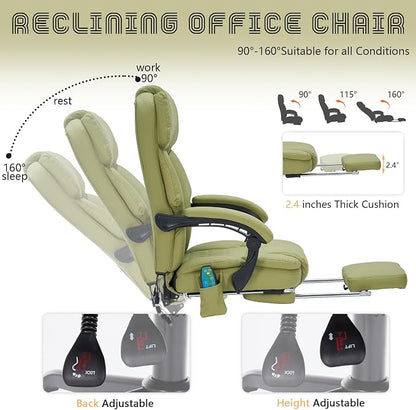 Massage Office Chair with Foot Rest 6 Points Vibration and Heat Home Office Desk Chairs for Heavy People 400lbs Reclining Managerial Chairs Ergonomic Executive Chair (Green)