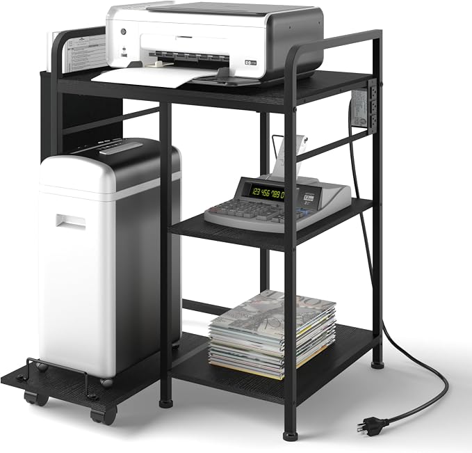 Sedegn Large Printer Stand with 3 AC Outlets for Home Office Devices | Heavy-Duty Printer Table for Laser Printer, Side Paper Storage Bag, 3-Tier Organizer for Shredder, PC Tower & Supplies, Black