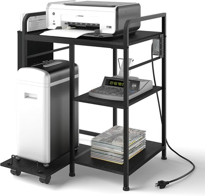 Sedegn Large Printer Stand with 3 AC Outlets for Home Office Devices | Heavy-Duty Printer Table for Laser Printer, Side Paper Storage Bag, 3-Tier Organizer for Shredder, PC Tower & Supplies, Black
