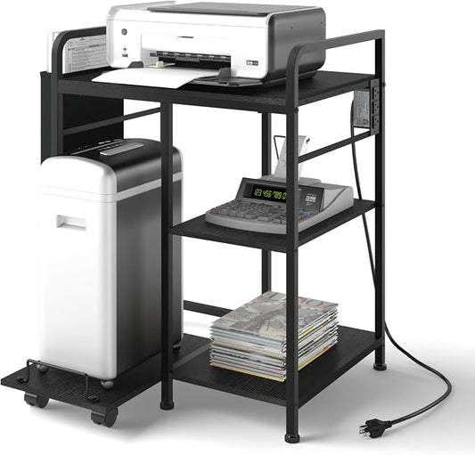 Sedegn Large Printer Stand with 3 AC Outlets for Home Office Devices | Heavy-Duty Printer Table for Laser Printer, Side Paper Storage Bag, 3-Tier Organizer for Shredder, PC Tower & Supplies, Black