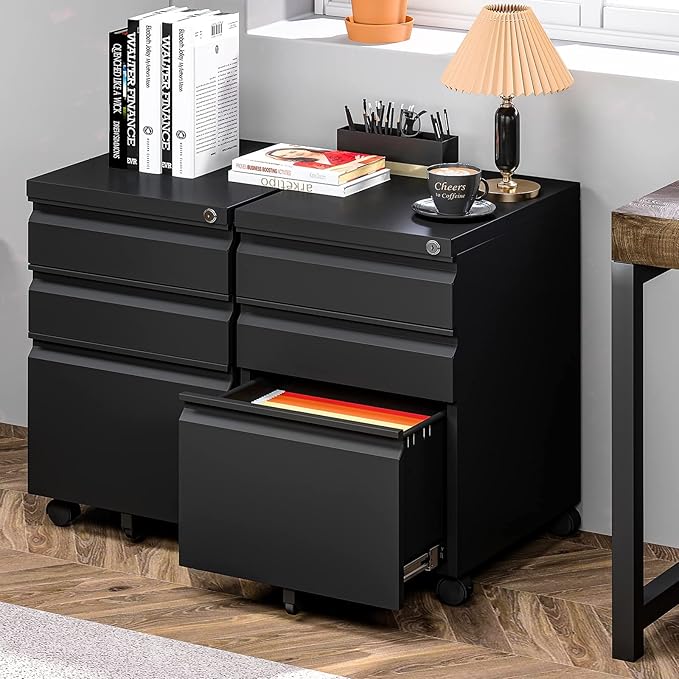Yizosh 3 Drawer Mobile File Cabinet with Lock, Black Under Desk Rolling Filing Cabinet, Metal Locking File Cabinet on Wheels for Legal/Letter/A4 File (Full Assemble)