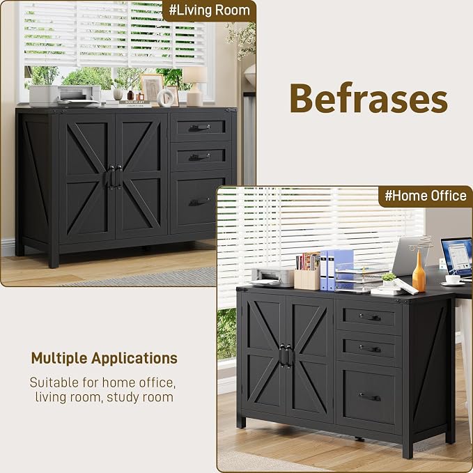 Befrases Farmhouse File Cabinet with Doors, Lateral Filing Cabinet with 3 Drawers for Letter/A4 Size Hanging Files, Large Wooden Storage Cabinet with Adjustable Shelves for Home Office, Black