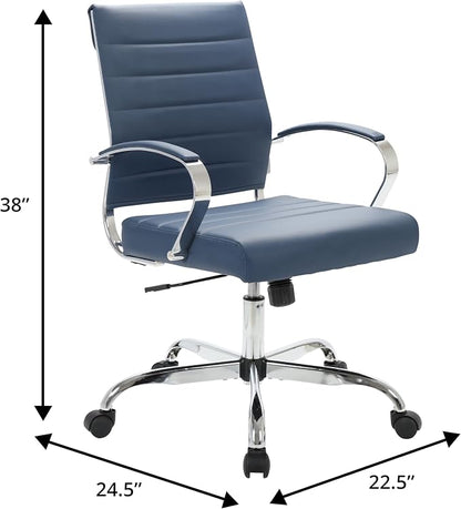 LeisureMod Benmar Leather Office Desk Chair, Mid-Back Ergonomic Swivel Chair with Lumbar Support, Adjustable Height, Tilt Lock, Cushioned Seat & Back, Home Office Task Chair (Navy Blue, Set of 2)