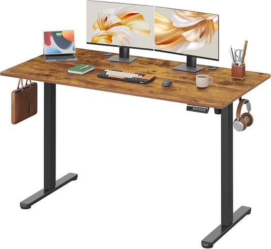 DEVAISE 55 Inch Electric Standing Desk, Adjustable Computer Desk for Home Office, Ergonomic Sit to Stand Desk with LED Touchscreen，Headphone Hook, 3 Memory Preset, with Split Top, Rustic Brown