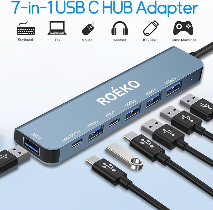 USB Hub 3.0,USB c hub,USB hub with Multiport Adapter, USB Splitter with 1xUSB 3.0,4xUSB2.0,2 x USB C,Hub for MacBook Pro/PC/Laptop/Tablet Devices (Grey 7in1)