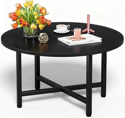 FAMIDGE Round Coffee Table, Small Coffee Tables for Living Room, Black Coffee Table with Metal Frame, Floor Table Desk for Sitting on The Floor, Home, Office, Farmhouse, Black (23.6" D x 17.7" H)