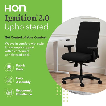 HON Ignition 2.0 Ergonomic Office Chair with Adjustable Arms, Standard Synchro‑Tilt Recline, Upholstered Desk and Computer Chair for Home Office or Workstation, Black Frame, Black