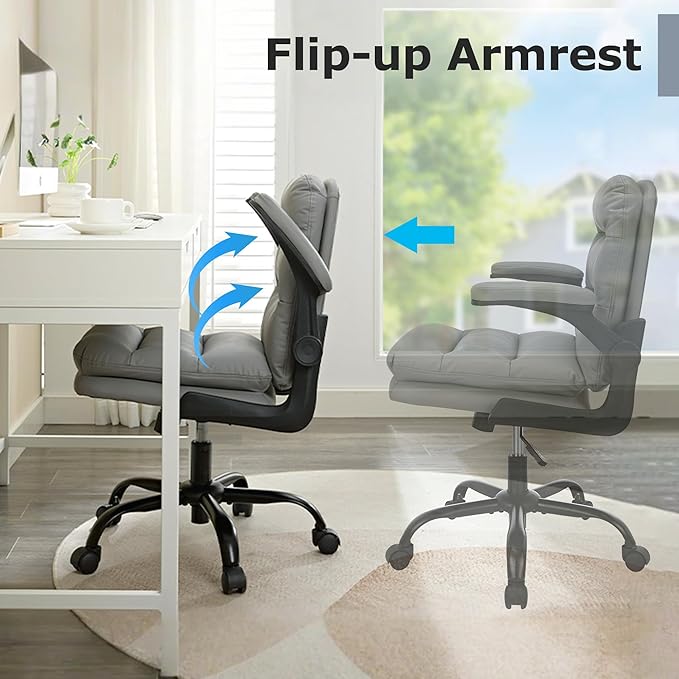 VECELO Ergonomic Swivel Office Desk Chair with Flip-up Armrest and Adjustable Height, Lumbar Support & PU Leather Thickened Cushion, for Computer Task Work, Gray