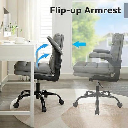VECELO Ergonomic Swivel Office Desk Chair with Flip-up Armrest and Adjustable Height, Lumbar Support & PU Leather Thickened Cushion, for Computer Task Work, Gray