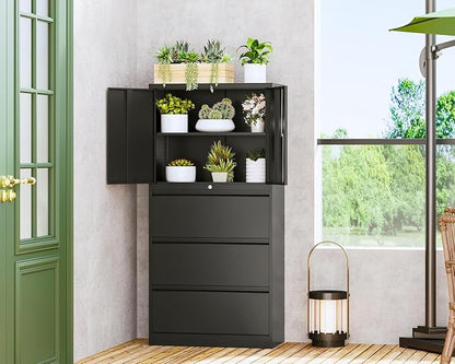 Letaya 3 Drawer Metal Storage Cabinets for Home Office,File Cabinet with Lock and 2 Adjust Shelves-Hang Filing Legal/Letter/A4/F4 Size（Black