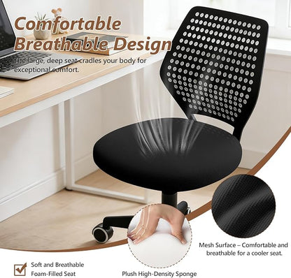Small Office Chair with Wheels, Armless Desk Chair Height Adjustable Swivel Rolling Task Chair Breathable Mesh Ergonomic Computer Work Chair for Adult, Black