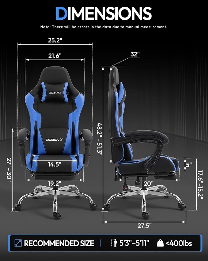 Dowinx Ergonomic Gaming Chair with Footrest & Massage Lumbar, 2D-Linkage Armrests for Computer Chair 330lbs with Headrest Pillow for Office, Home, Streaming and Long Gaming Sessions, Blue