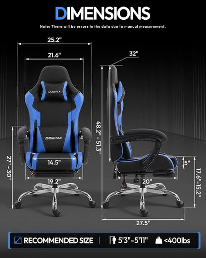 Dowinx Ergonomic Gaming Chair with Footrest & Massage Lumbar, 2D-Linkage Armrests for Computer Chair 330lbs with Headrest Pillow for Office, Home, Streaming and Long Gaming Sessions, Blue
