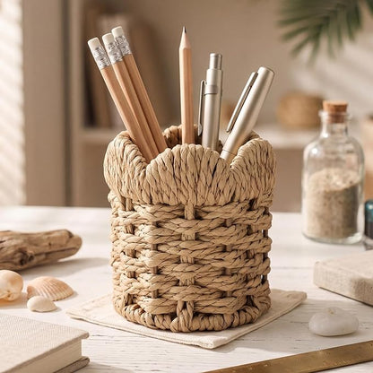 Dunzoom Coastal Theme Paper Rope Pencil Holder Decorative Scalloped Woven Pen Holder Desk Organizer Pen Container Box for Office Home Desktop Kitchen