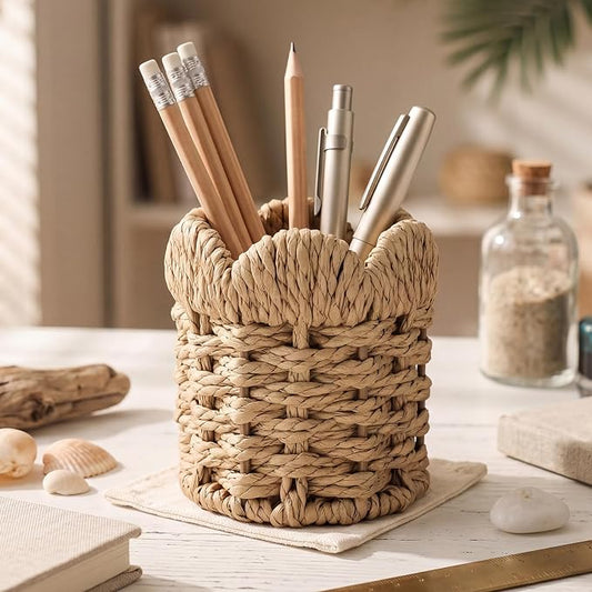 Dunzoom Coastal Theme Paper Rope Pencil Holder Decorative Scalloped Woven Pen Holder Desk Organizer Pen Container Box for Office Home Desktop Kitchen