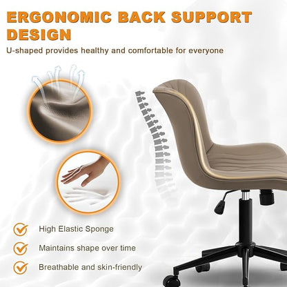 Armless Office Chair, Height Adjustable Desk Chair with Wheels, Ergonomic Comfy 360° Swivel Home Office Computer Task Chair, Faux Leather Padded Cute Vanity Chair, Khaki