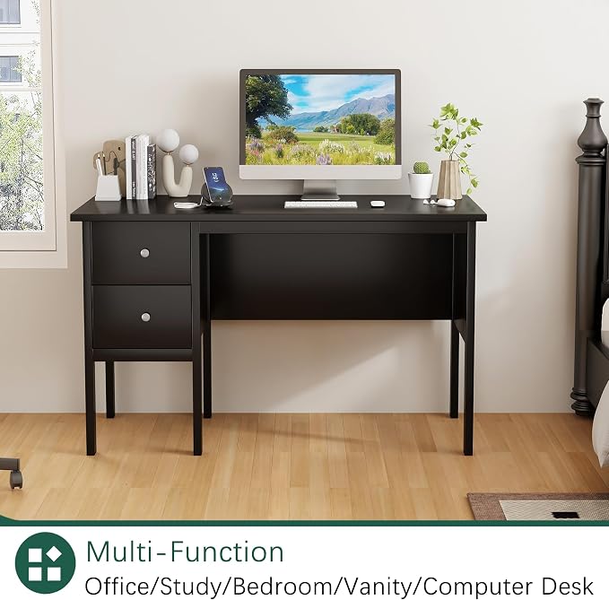 BHG Computer Desk with Drawers,Modern White Home Office Desk with Storage Filing Cabinet, Vanity Desk Makeup Dressing Table for Bedroom,Small Writing Table PC Desks for Study (Black, 43.3")