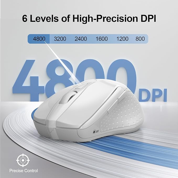 TECKNET Wireless Mouse (2.4G & BT5.0/3.0) Silent 4800 DPI Computer USB A & Bluetooth Mouse 6 Buttons, Wide Compatibility - White