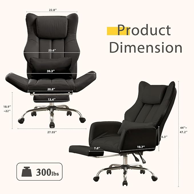 Ergonomic Cross Legged Office Chair with Footrest,Leather Big and Tall Executive Chair with Lumbar Pillow,Reversible Armrest for Pets,155° Reclining Computer Wide Desk Chair for Home,Office, Black