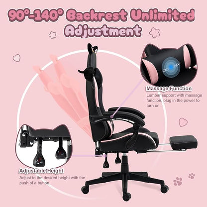 Dowinx Pink Gaming Chair with Cat Ears and Massage Lumbar Support, Ergonomic Computer Chair with Footrest and Headrest, Comfortable Reclining Game Chair 290lbs for Adults, Black