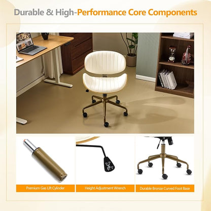 VINGLI Wide Comfotable Swivel Home Office Chair with Wood-Grain Curved Shell,Ergomomic Mid-Back Padded Armless Rolling Desk Chair with Wheels,Height Adjustable for Computer,Task,Work,PU Leather,White