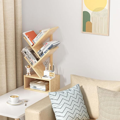 SHEEPAM Small Tree Book Shelf,5 Tier Black Tree Bookshelf,Wood Desktop Bookcase,Modern Desk Display Storage Bookshelves,Floor Standing Organizer Bookcases for Living Room,Bedroom,Office