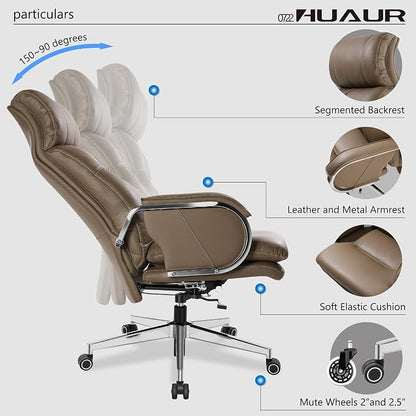 Genuine Leather Modern Executive Chair High-Back Support 90 to 150 Degrees Tilt and Upholstered Home Desk Chair with Base 400LB Capacity Swivel Computer Office Chair (Taupe)