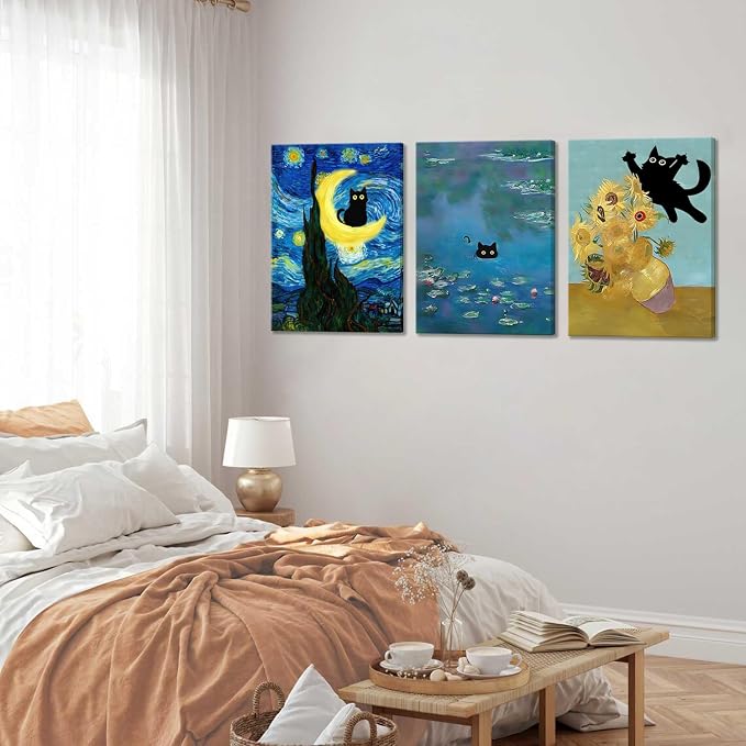 Funny Black Cat Wall Art Monet Cat in Water Lilies Canvas Wall Decor Van Gogh Starry Night Sunflower Aesthetic Pictures Paintings Prints for Bedroom Living Room Bathroom 16x24 in Framed