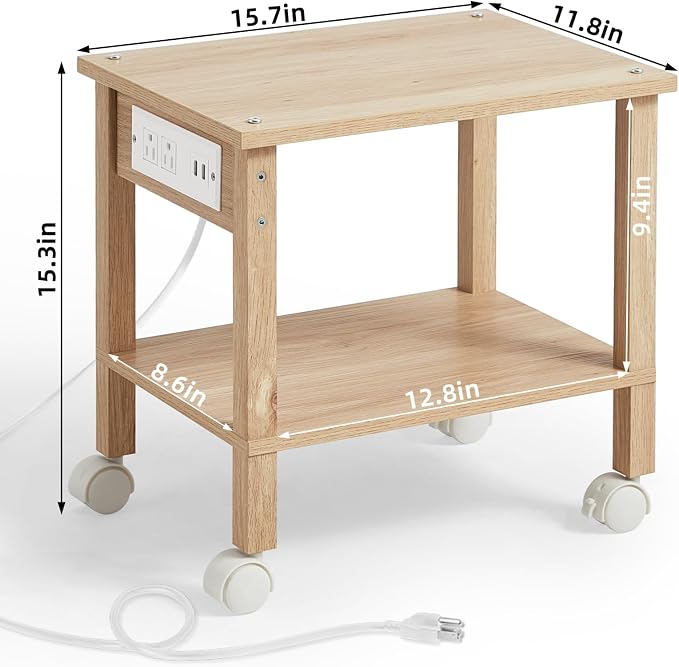 YUFAM 2 Tier Under Desk Printer Stand with Storage, Small Printer Table with Charging Station, Rolling Printer Cart Shelf with Lockable Wheels for Home, Office (Natural)